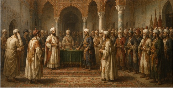 Historical scene representing the accession of Hassan III Pacha